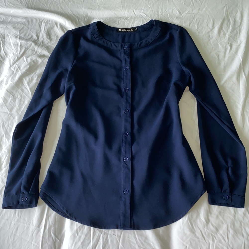 navy blue long sleeve button up blouse